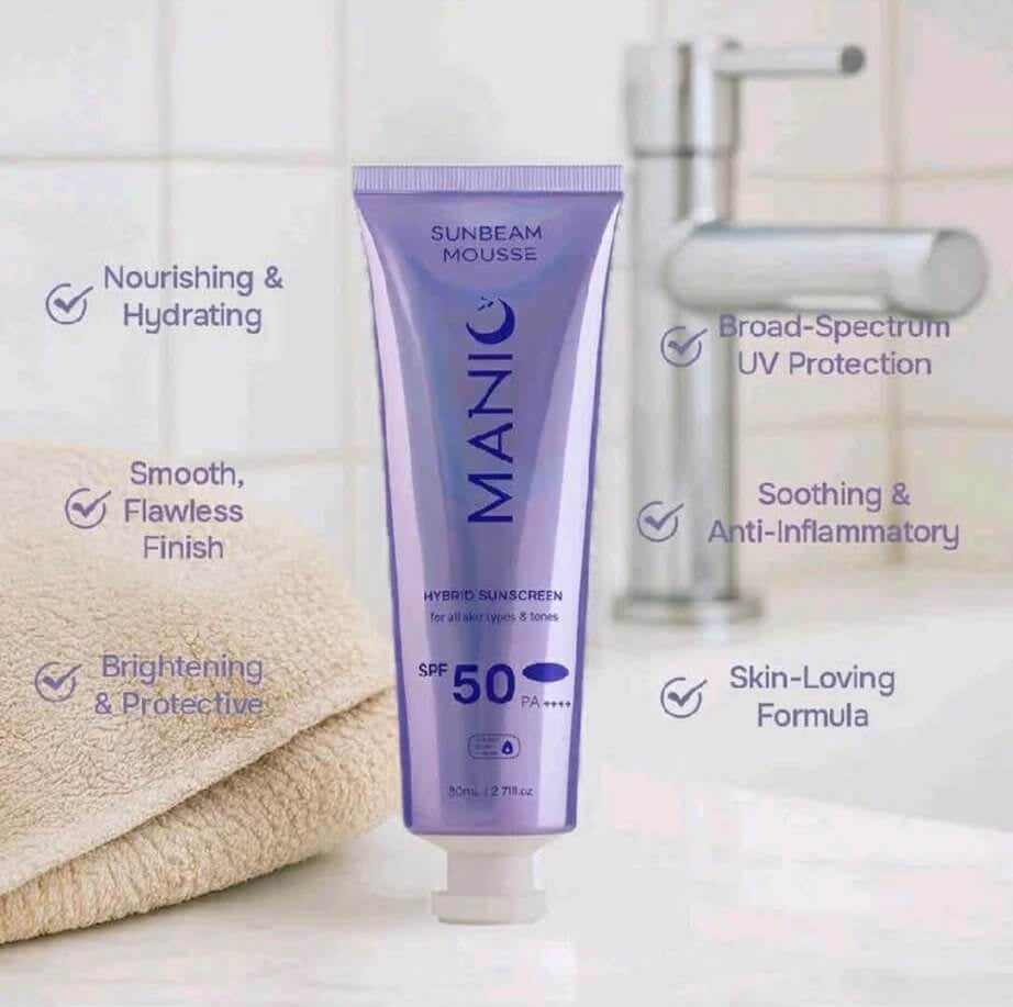 Manic Beauty SUNBEAM MOUSSE Hybrid Sunscreen SPF 50 PA++++ – Delivers a smooth, velvety texture on the skin.