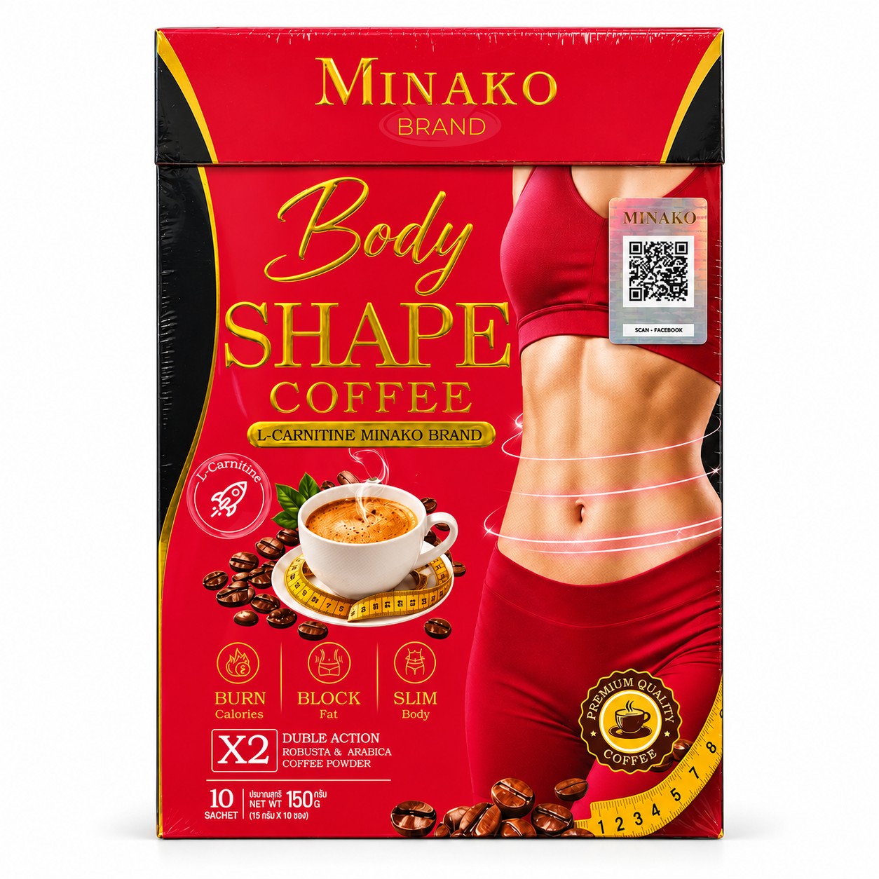 Minako Body Shape Coffee with L-Carnitine 150g featuring 10 individual 15g sachets of instant coffee mix.
