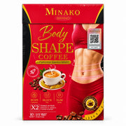 Minako Body Shape Coffee with L-Carnitine 150g featuring 10 individual 15g sachets of instant coffee mix.