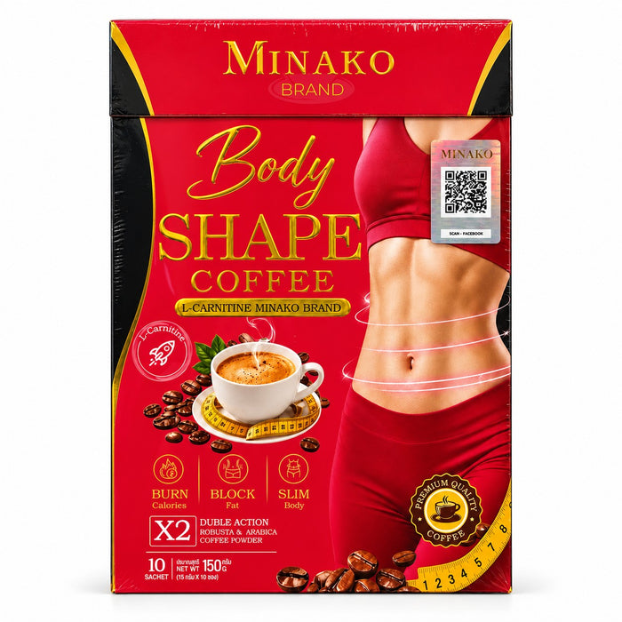 Minako Body Shape Coffee with L-Carnitine 150g featuring 10 individual 15g sachets of instant coffee mix.