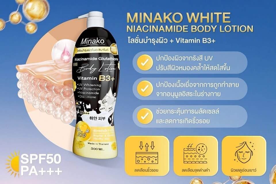 Minako Niacinamide Glutathione Plus Body Lotion 500ml gentle on all skin types