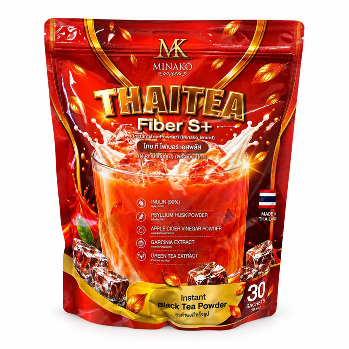 Minako Thai Tea Fiber S+ Instant Black Tea Powder 300g featuring a Thai-inspired tea blend with added dietary fiber.