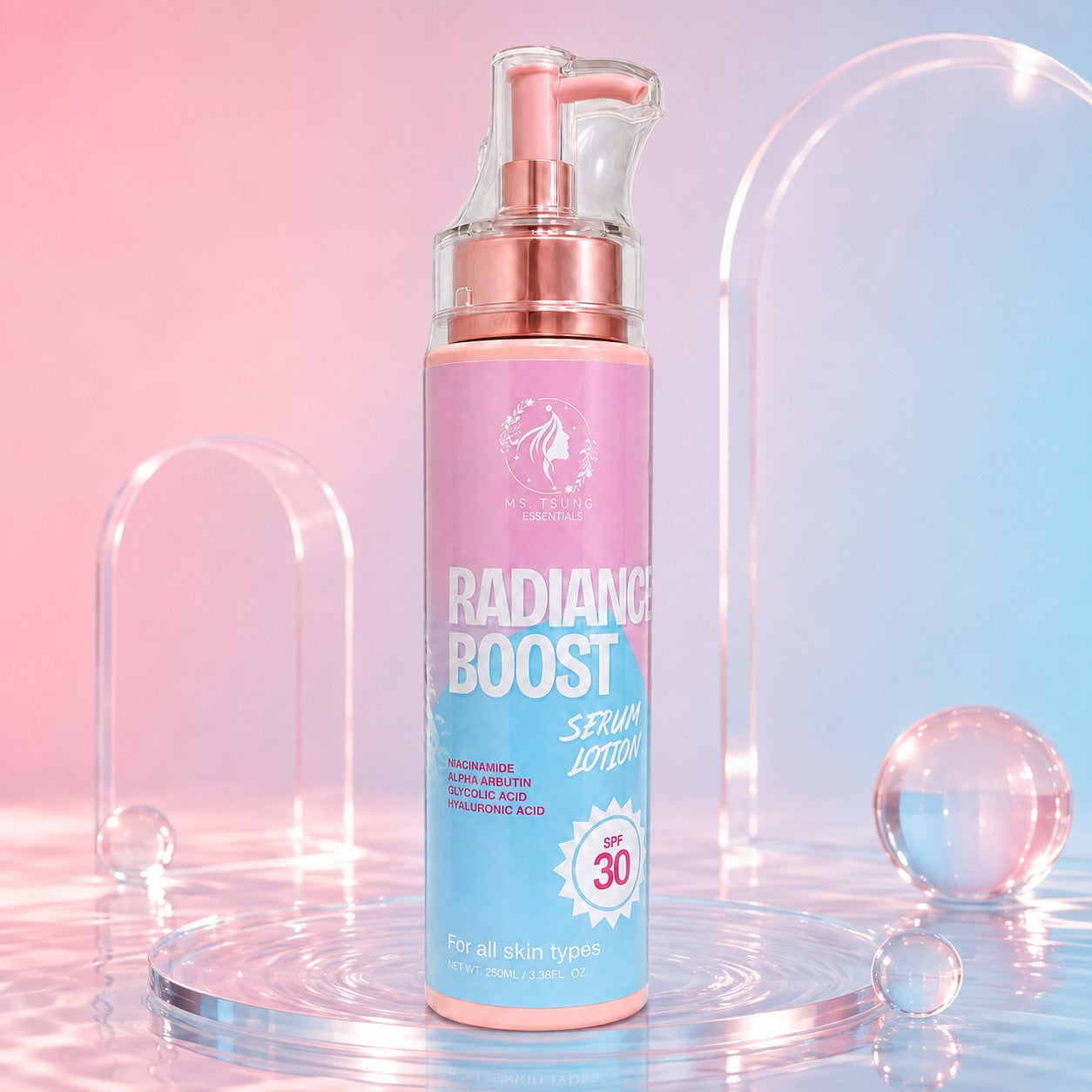 Ms. Tsung Essentials Radiance Boost Serum Lotion helps leave skin feeling soft, smooth, and moisturized.