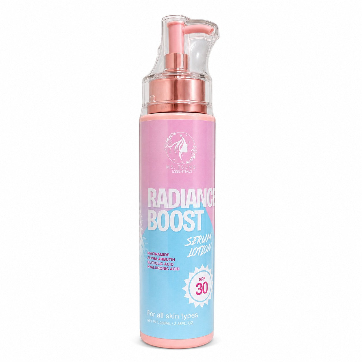 Ms. Tsung Essentials Radiance Boost Serum Lotion SPF 30 for moisturizing daily body care.