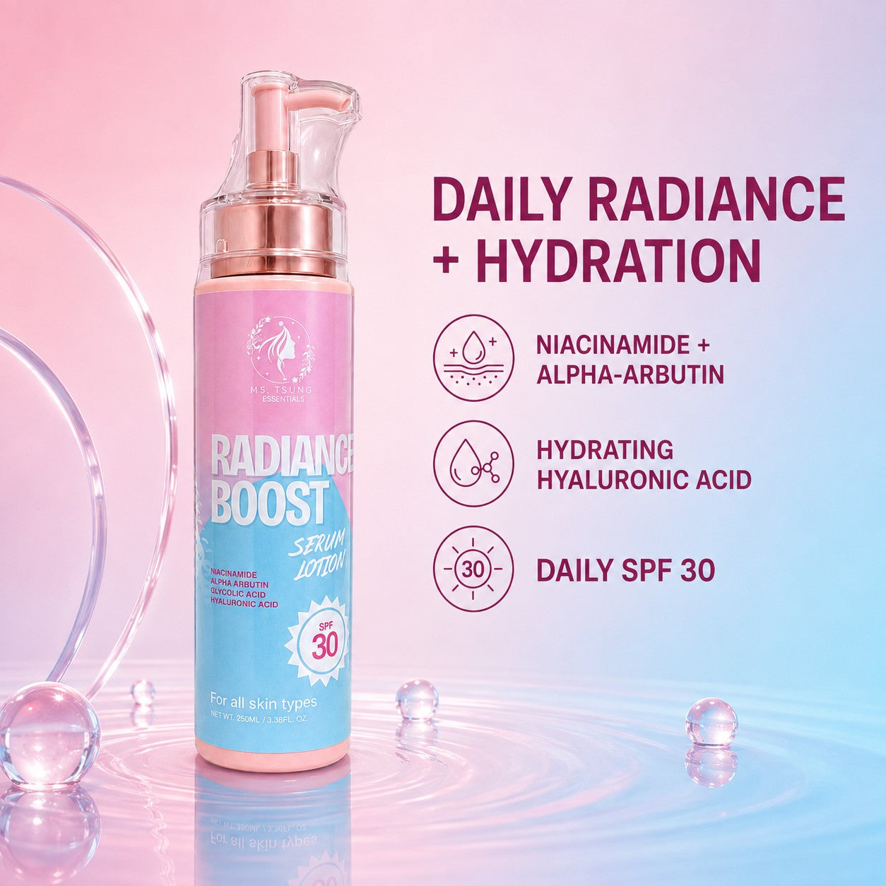 Ms. Tsung Essentials Radiance Boost Serum Lotion featuring hydration, SPF 30, and everyday skin care.