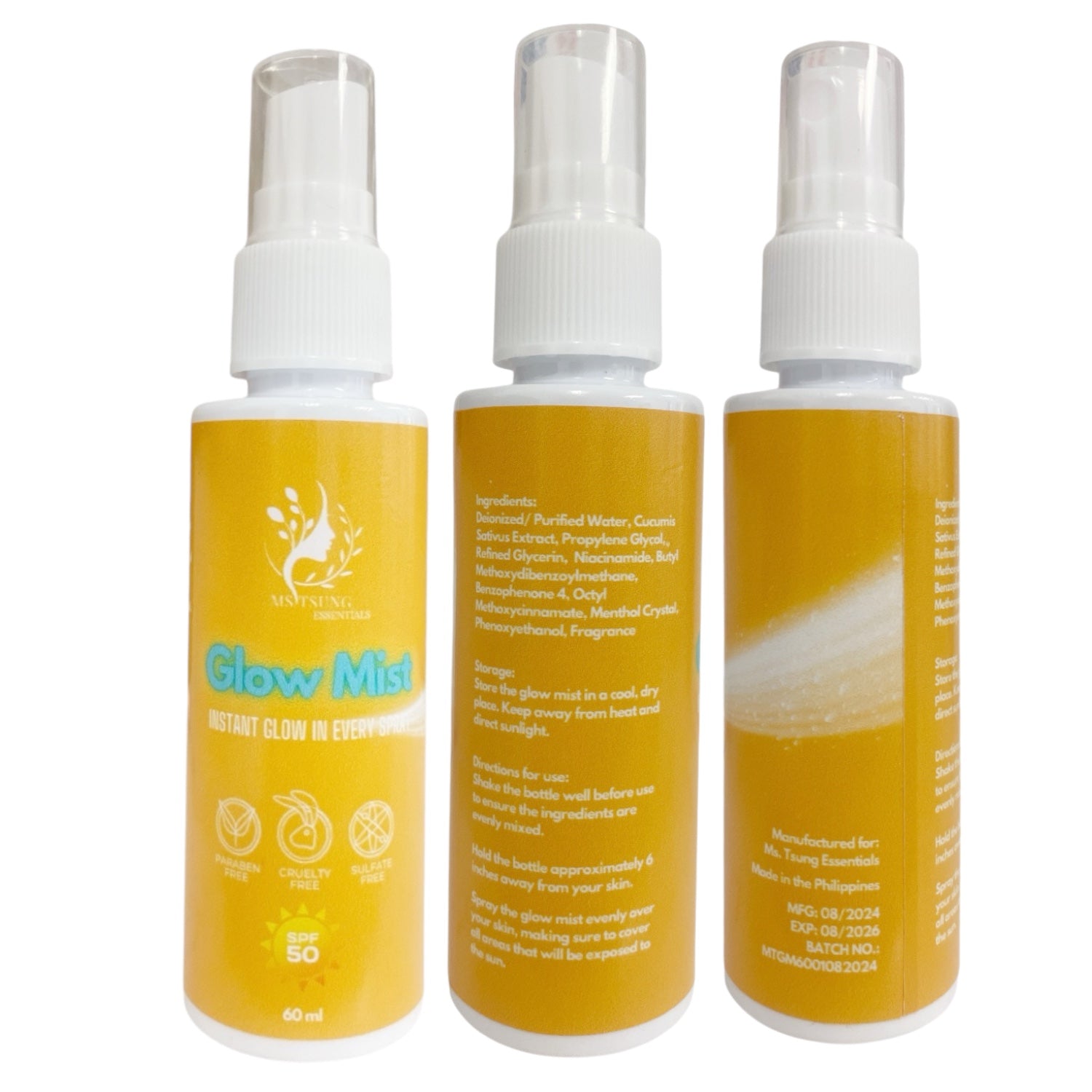 Ms Tsung Essentials GLOW MIST SPF 50 broad spectrum UVA UVB protection

