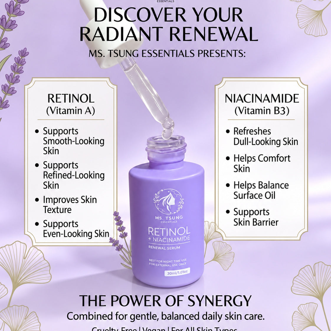Ms. Tsung Essentials Retinol + Niacinamide Renewal Serum 30ml with a lightweight facial care formula