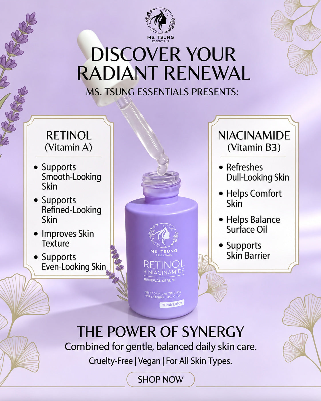 Ms. Tsung Essentials Retinol + Niacinamide Renewal Serum 30ml with a lightweight facial care formula