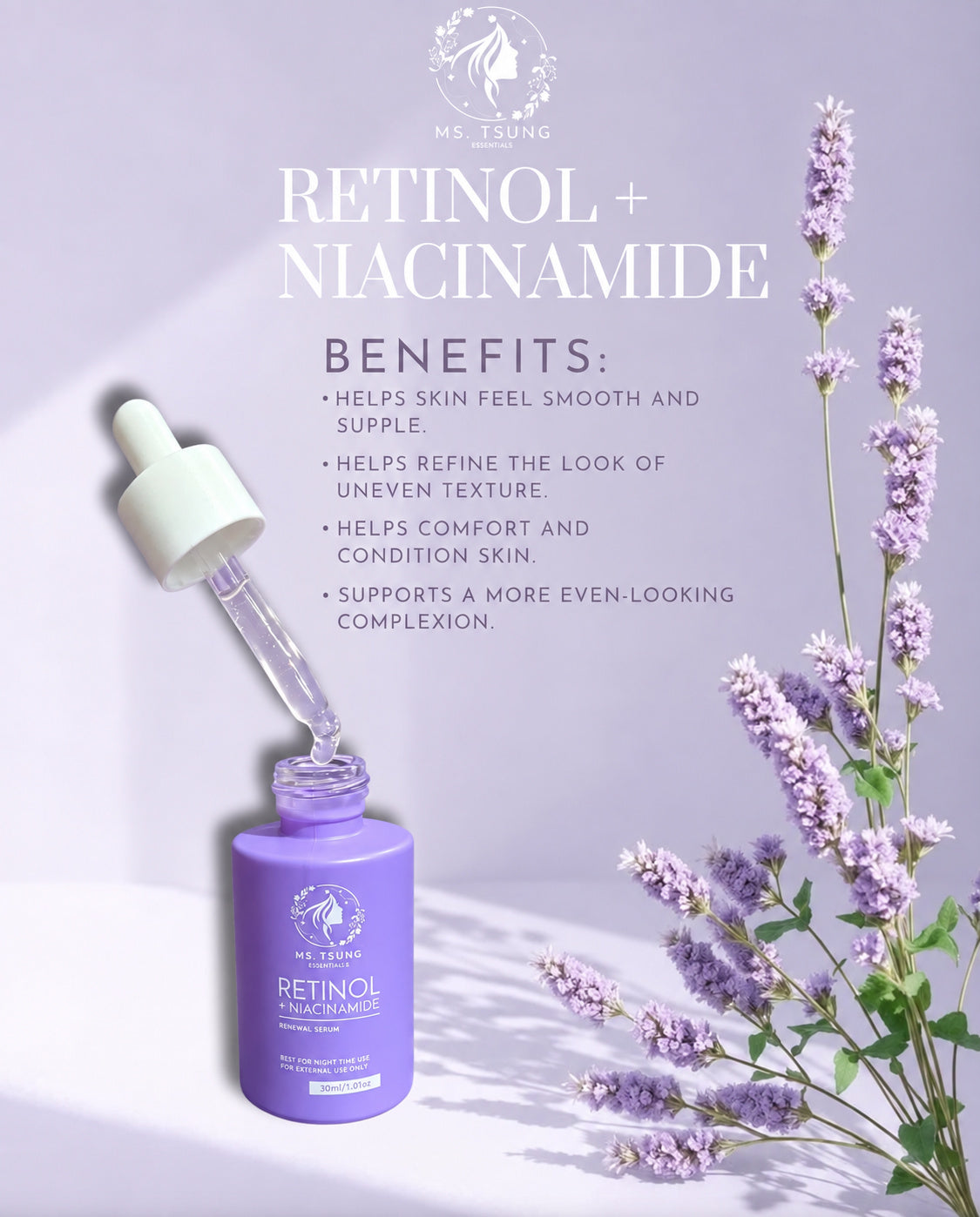 Ms. Tsung Essentials Retinol + Niacinamide Renewal Serum 30ml for smooth-looking and supple-feeling skin