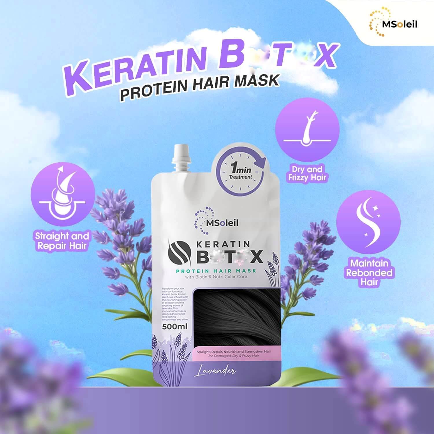 MSoleil 1-Minute Lavender Keratin BTX Protein Hair Mask with Biotin and Collagen – Boosts moisture and softness.