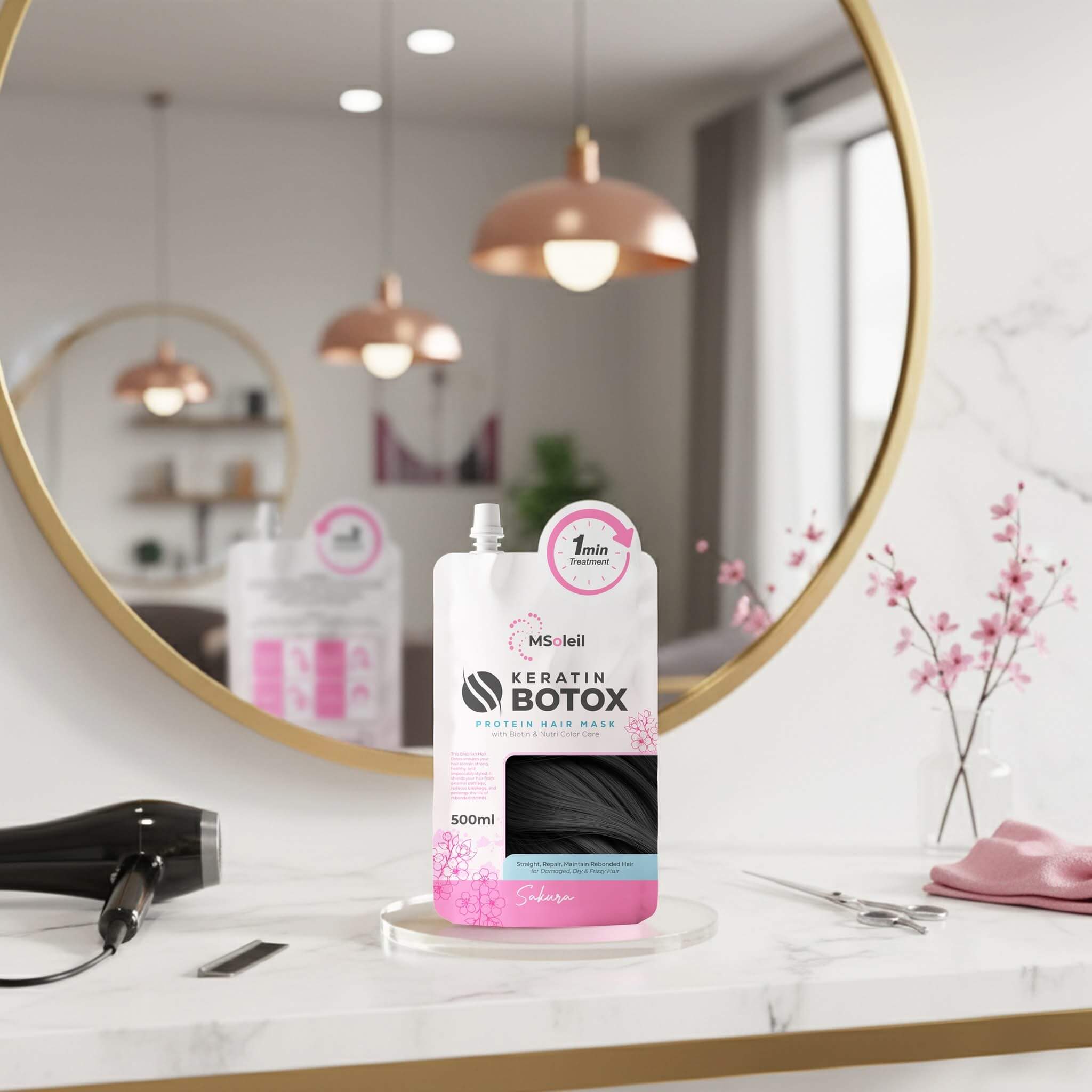 MSoleil 1-Minute Sakura Keratin BTX Protein Hair Mask – Leaves hair smooth, shiny, and soft after each use.