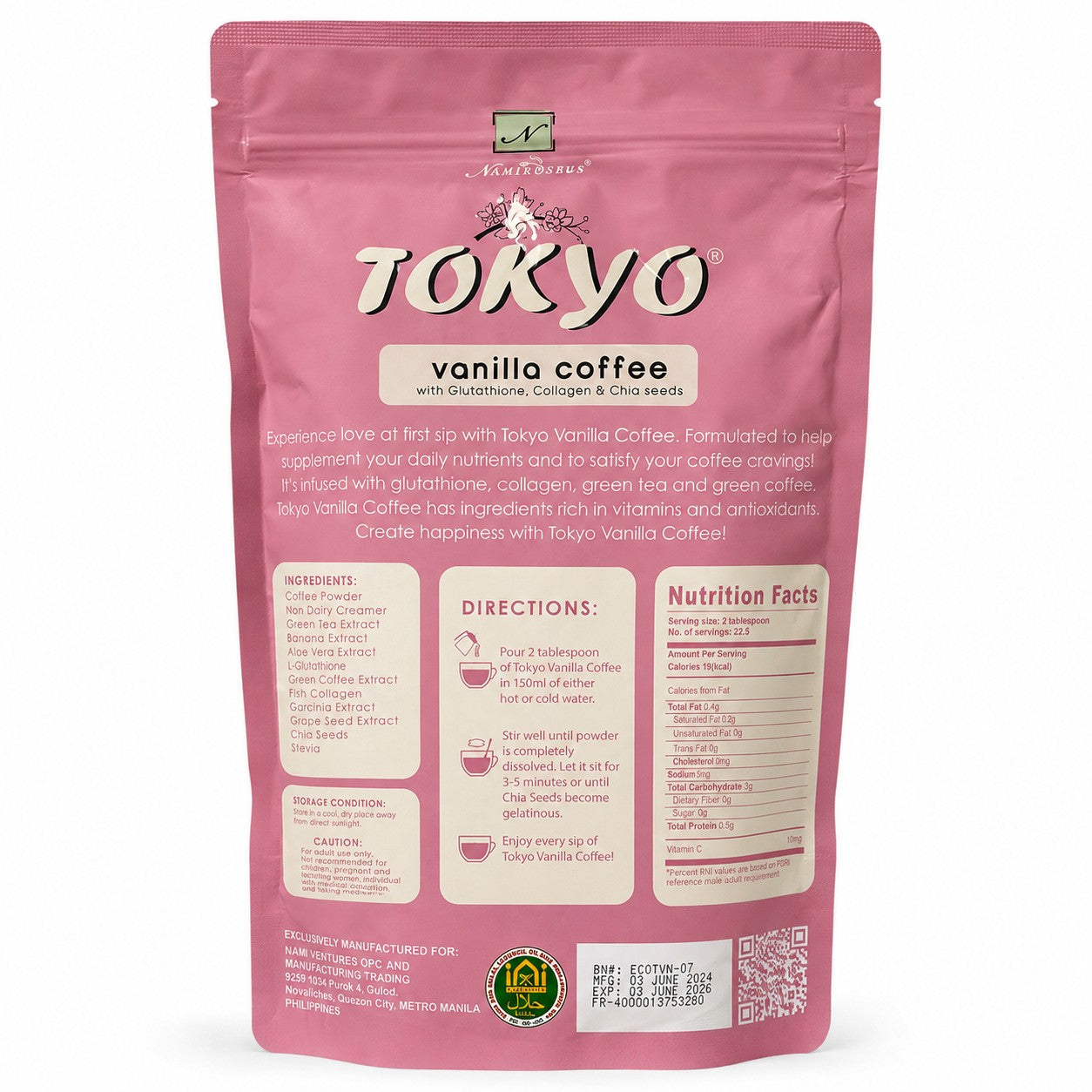 Namiroseus Tokyo Vanilla Coffee 500g blend featuring glutathione, collagen and chia seeds for a distinctive coffee experience.
