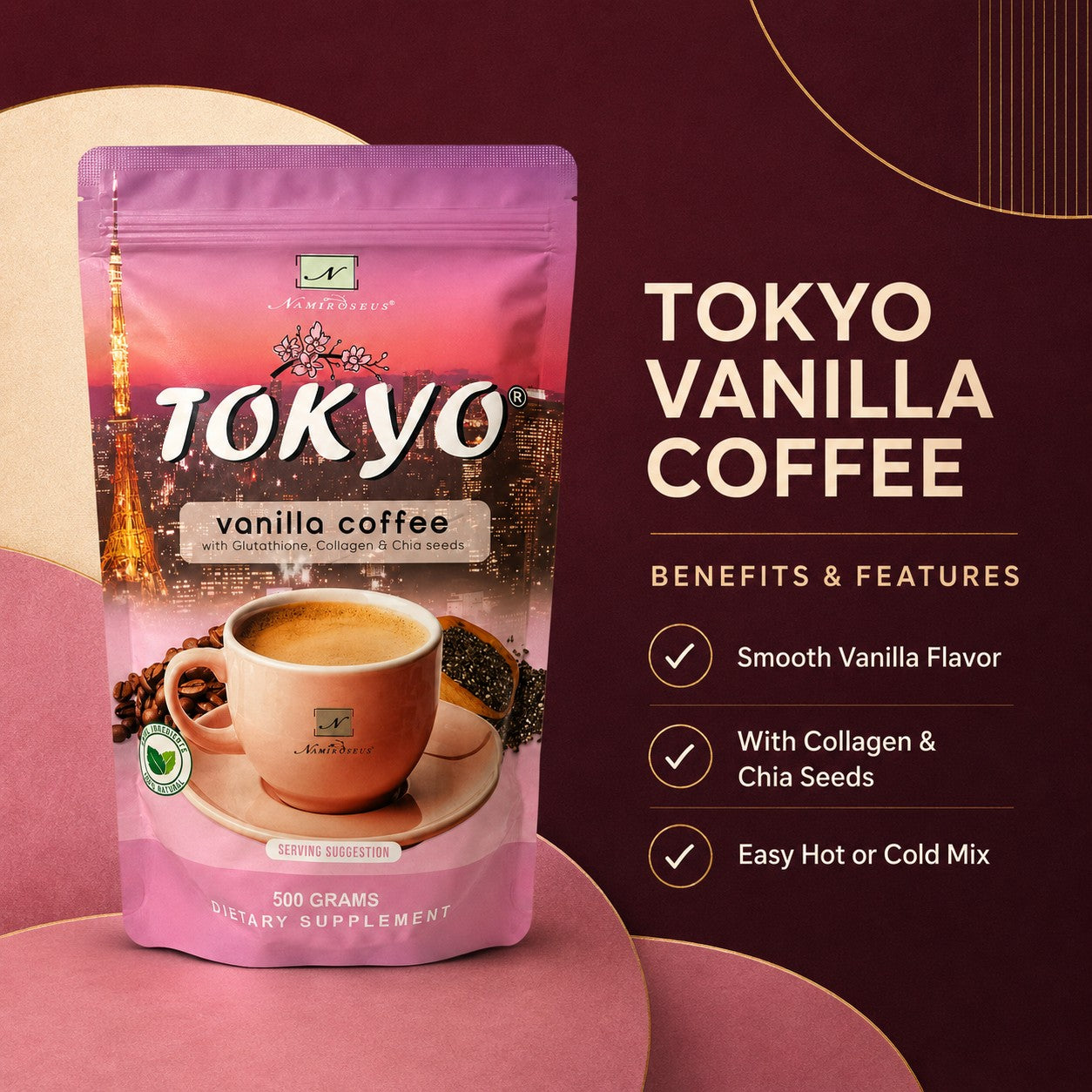 Namiroseus Tokyo Vanilla Coffee 500g Philippine-made powdered vanilla coffee drink mix for a convenient daily coffee ritual.