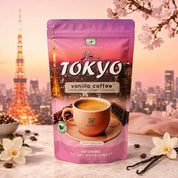 Namiroseus Tokyo Vanilla Coffee 500g easy powdered drink mix prepared with two tablespoons and 150ml of hot or cold water.