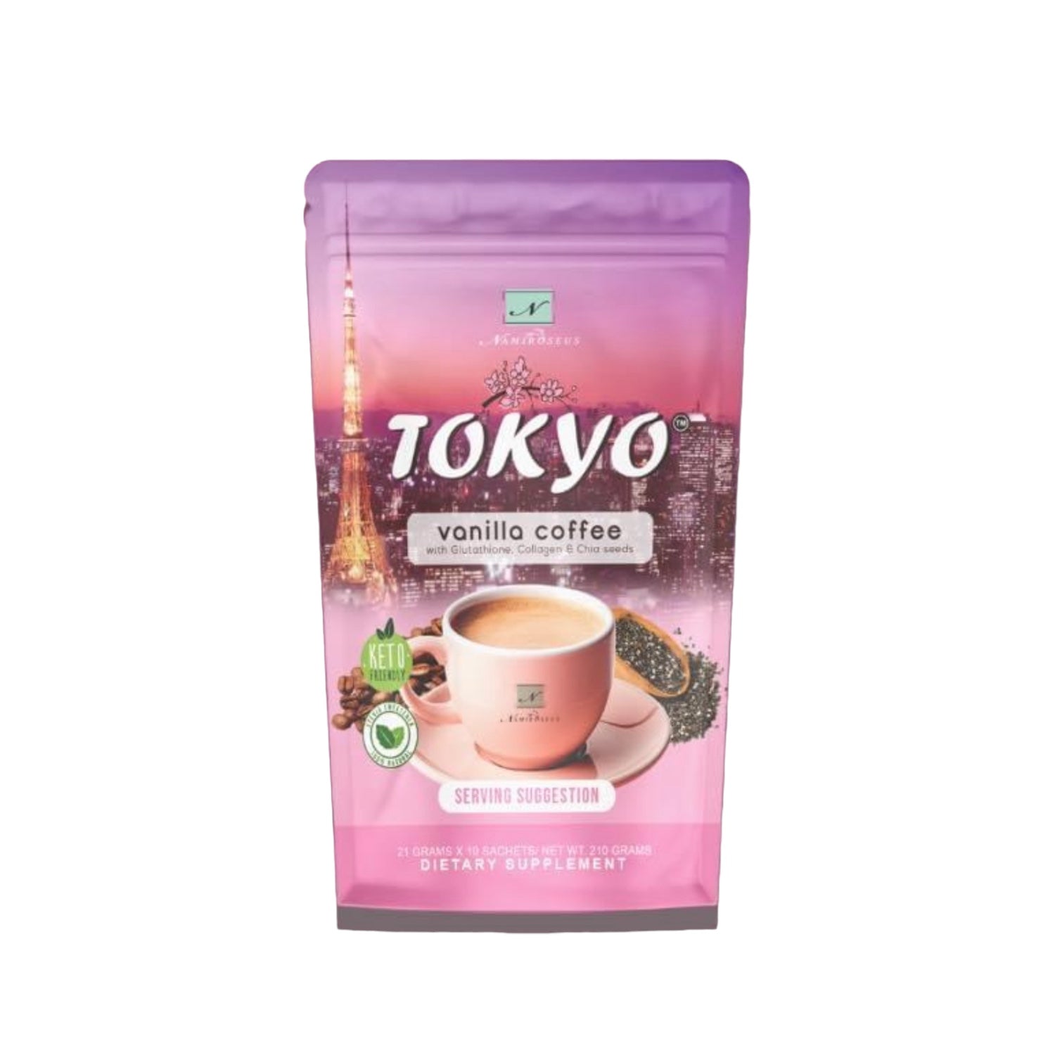 Namiroseus TOKYO Vanilla Coffee with Glutathione, Collagen & Chia Seeds, 21g x 10 Sachets