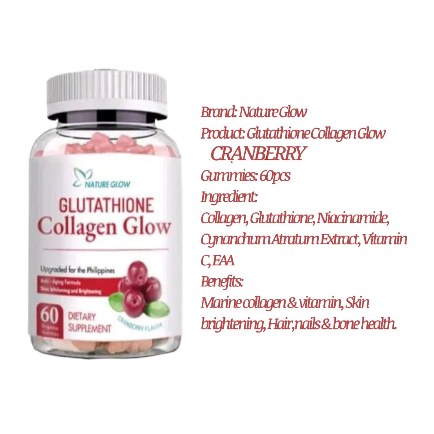 Nature Glow Glutathione Collagen - Cranberry Flavor, 60 Chewable Gummies