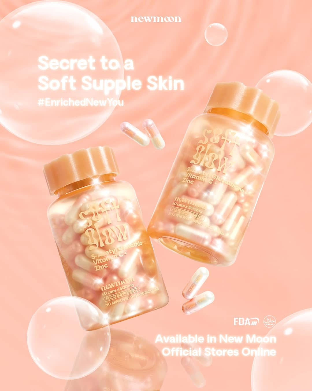 New Moon Soft Glow by Dear Face – S-Acetyl Glutathione + Rosehip + Marine Collagen + Vitamins & Zinc – Food Supplement (60 Capsules x 500mg)