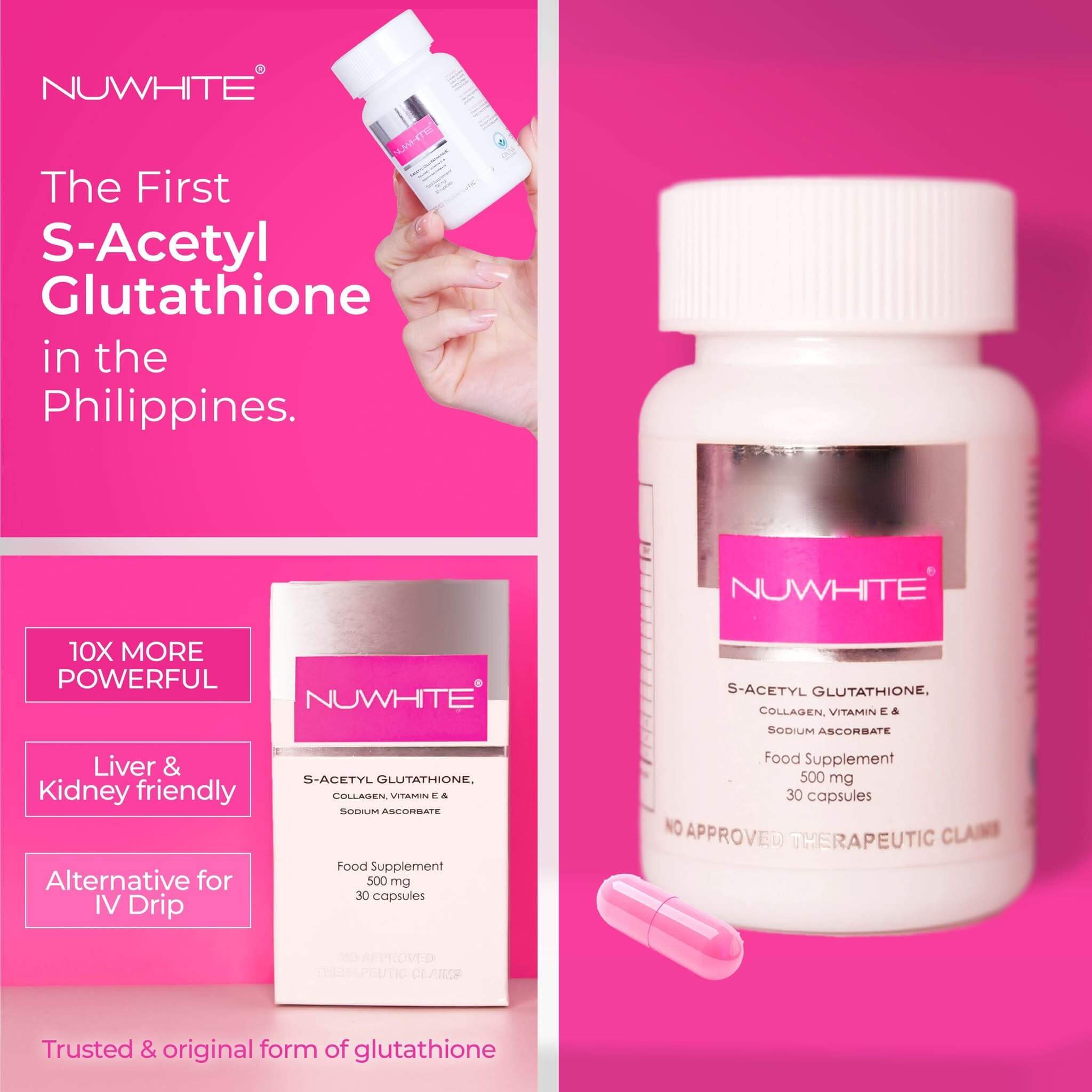 NUWHITE S-Acetylene Glutathione 30 Capsules in compact bottle

