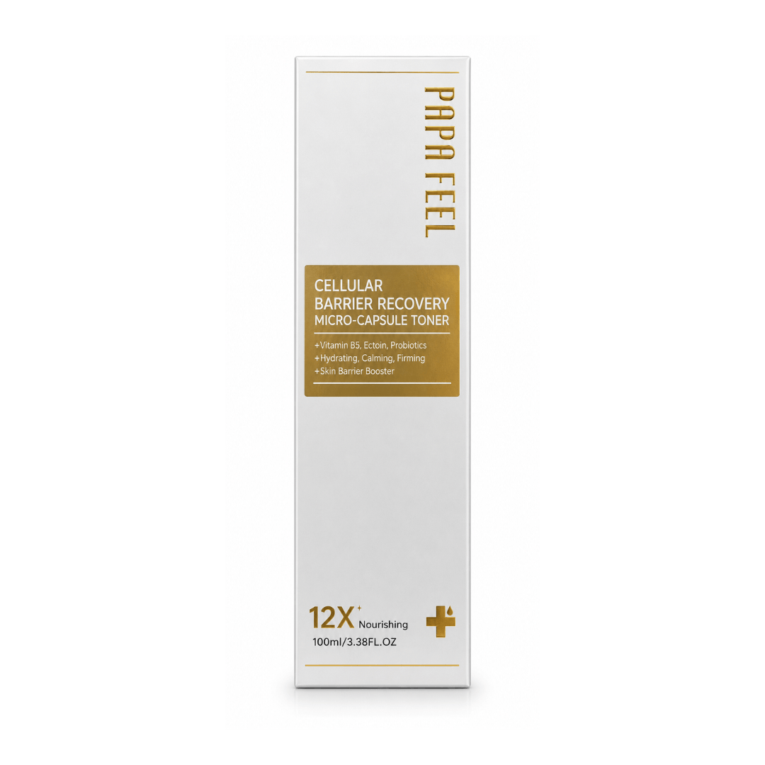 Papa Feel Cellular Barrier Recovery Micro-Capsule Toner enriched with Vitamin B5 and Ectoin to help keep skin hydrated, soft, and comfortable.
