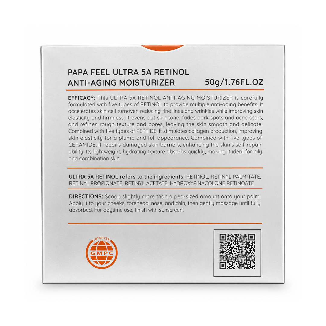 Papa Feel Ultra 5A Retinol Moisturizer with Vitamin C and skin-conditioning ingredients for a refreshed-looking complexion.