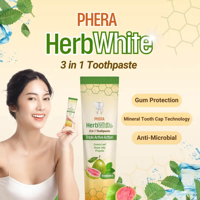 Phera HerbWhite 3-in-1 Toothpaste designed to support gum care and promote healthy mouth routine.