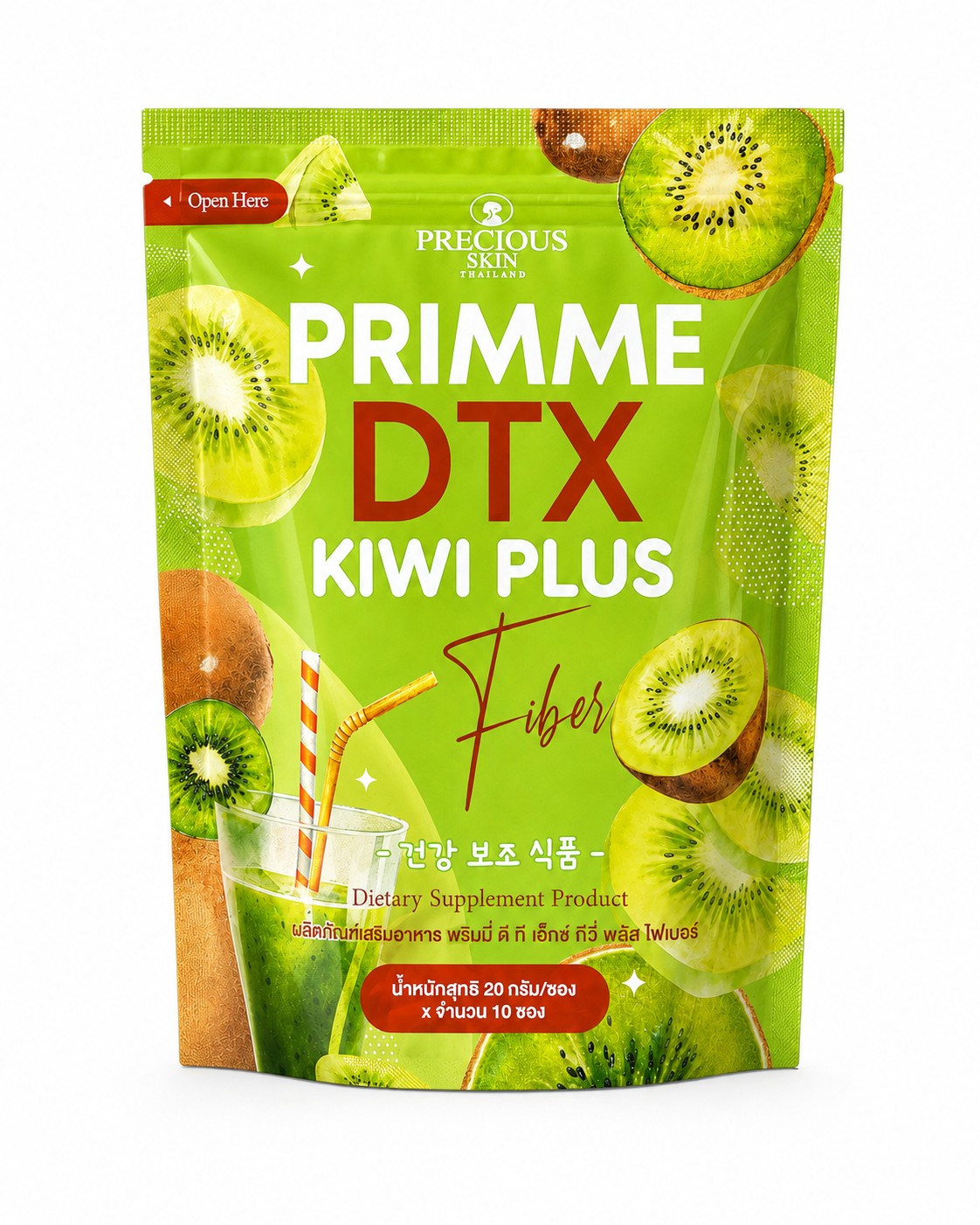 Precious Skin Primme DTX Kiwi Plus Fiber Drink with 10 convenient single-serve sachets