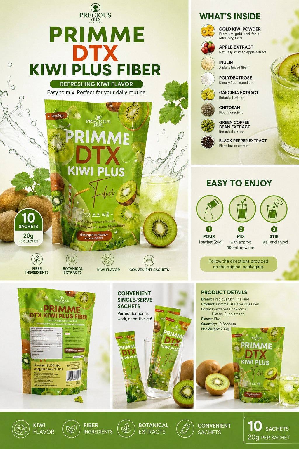 Precious Skin Primme DTX Kiwi Plus Fiber Drink powdered mix for an easy daily routine