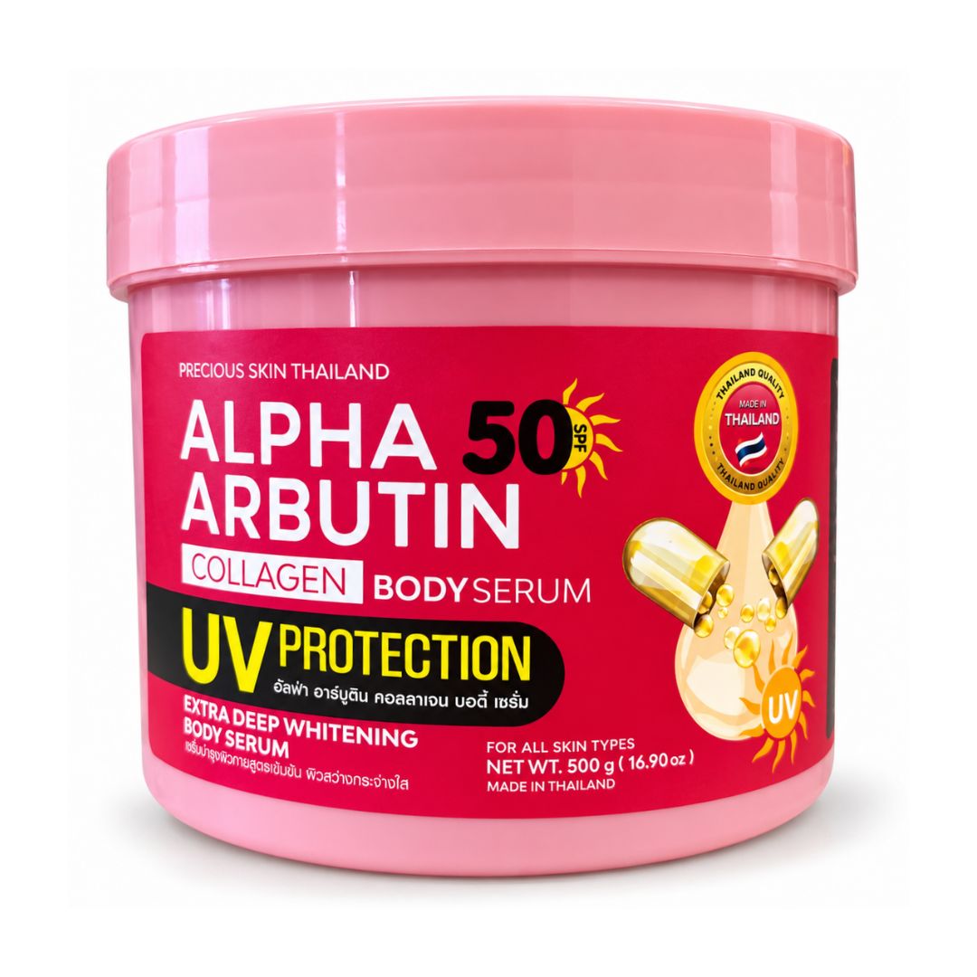 Precious Skin Thailand Alpha Arbutin Collagen Body Serum SPF50 500g for everyday moisturizing body care.