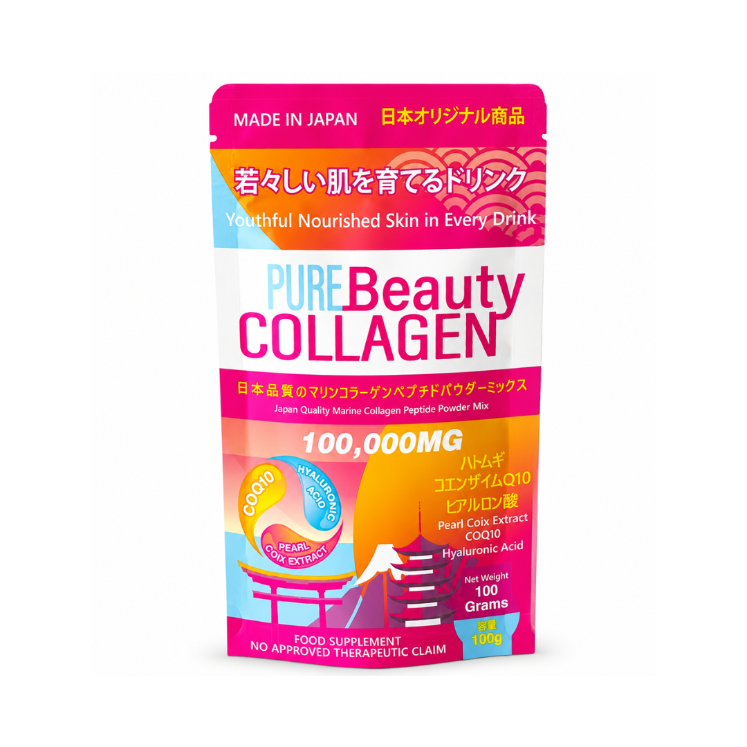 Pure Beauty Collagen Japanese Marine Collagen Peptide Powder with Hyaluronic Acid, CoQ10 and Pearl Coix Extract.