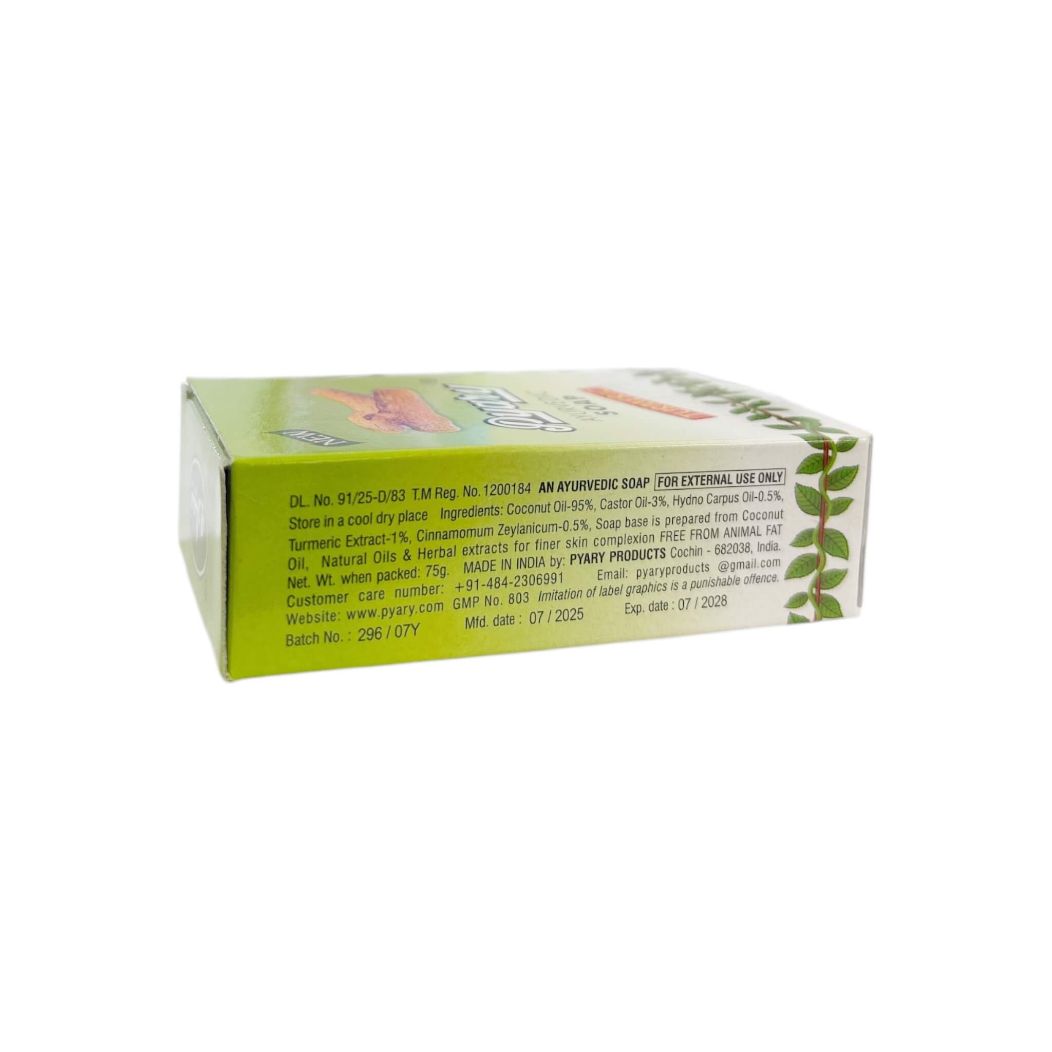 Pyary 100% Vegetable Ayurvedic Soap with Turmeric & Natural Oils deeply moisturizes and softens the skin naturally.