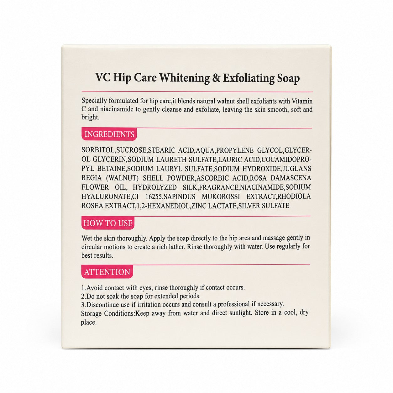 QUARXERY VC Hip Care Walnut Exfoliating Soap, 80g with ingredients and usage guide