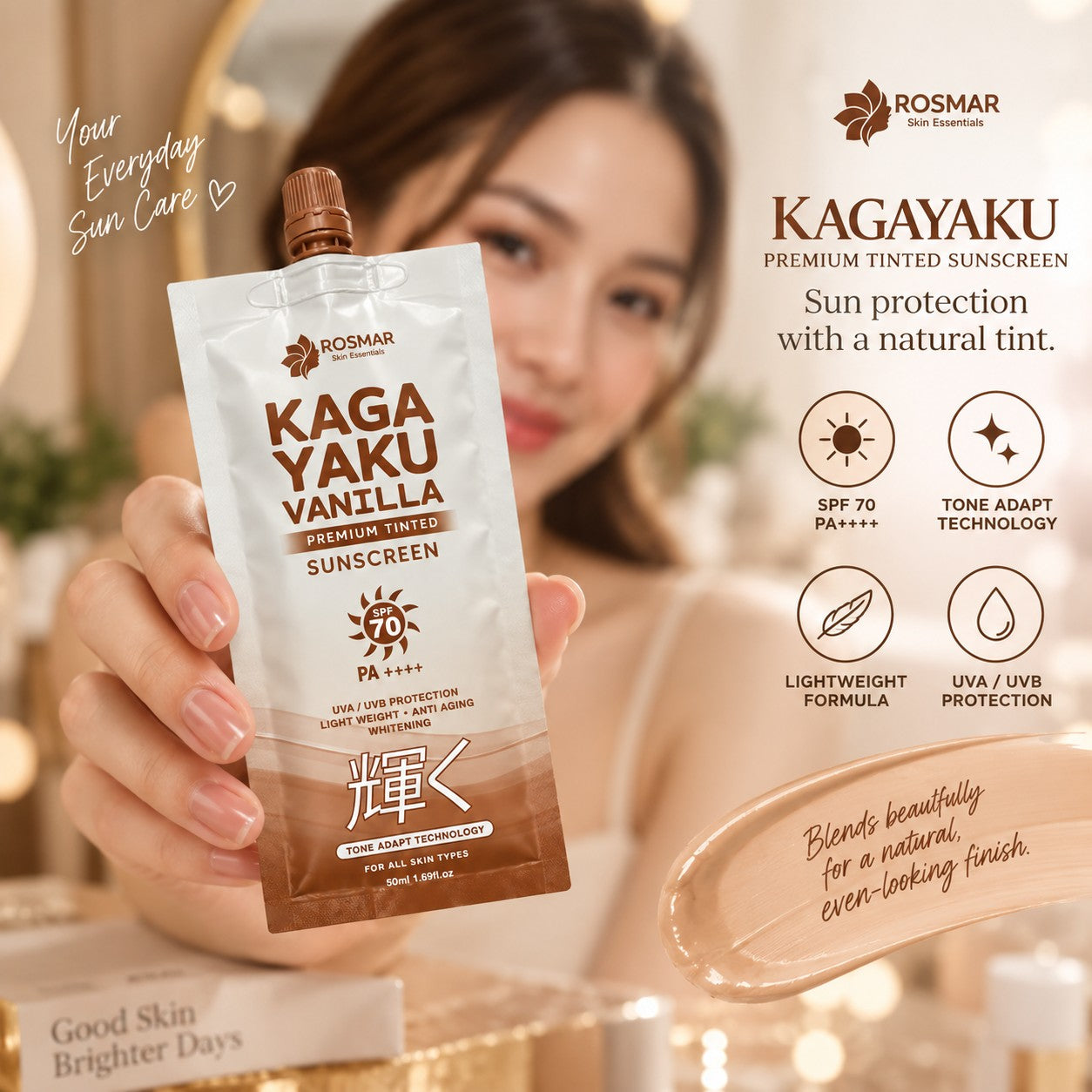 Rosmar Kagayaku Premium Tinted Sunscreen SPF70 PA++++ 50ml for convenient daily face and neck sun protection