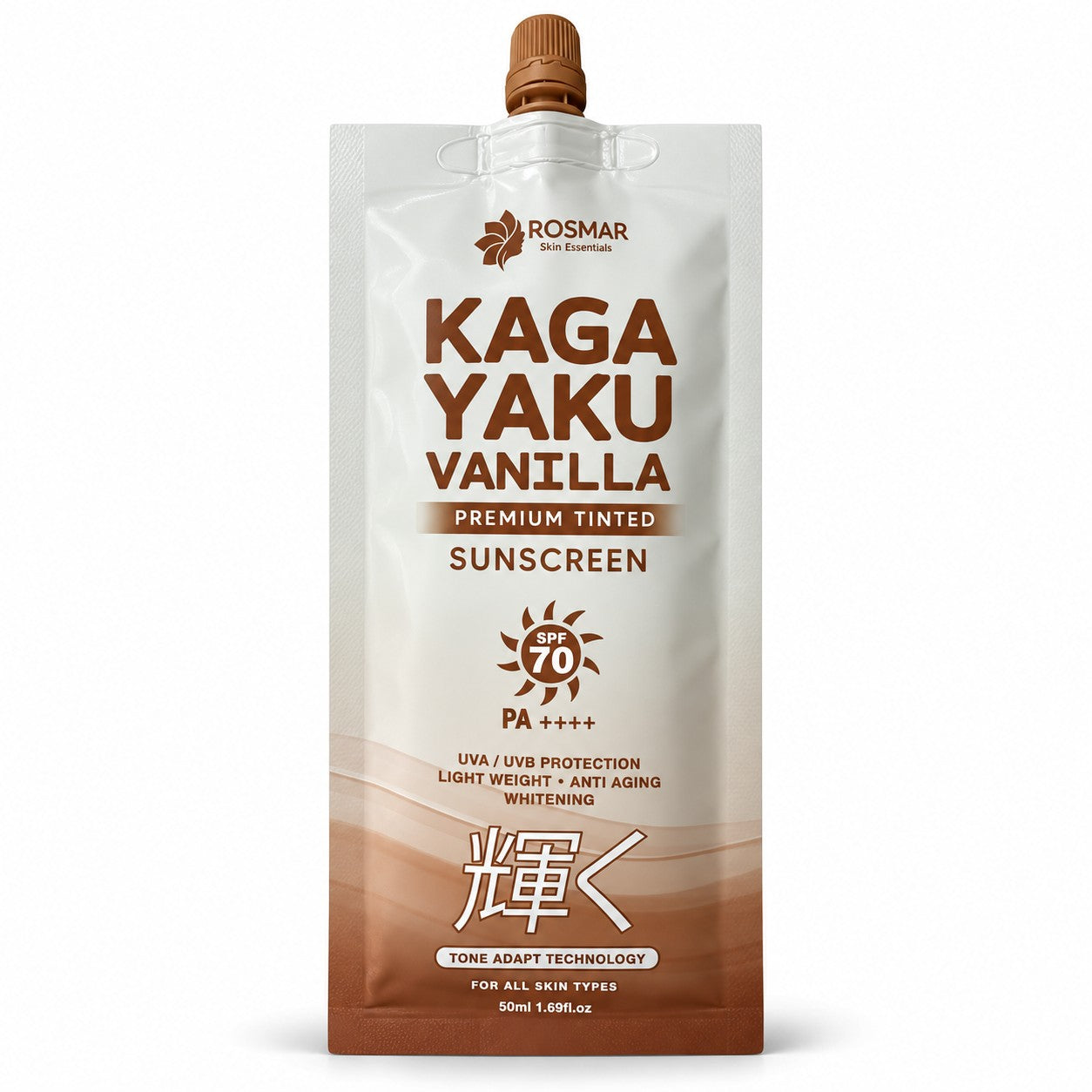 Rosmar Kagayaku Premium Tinted Sunscreen SPF70 PA++++ 50ml with Tone Adapt Technology for everyday sun care