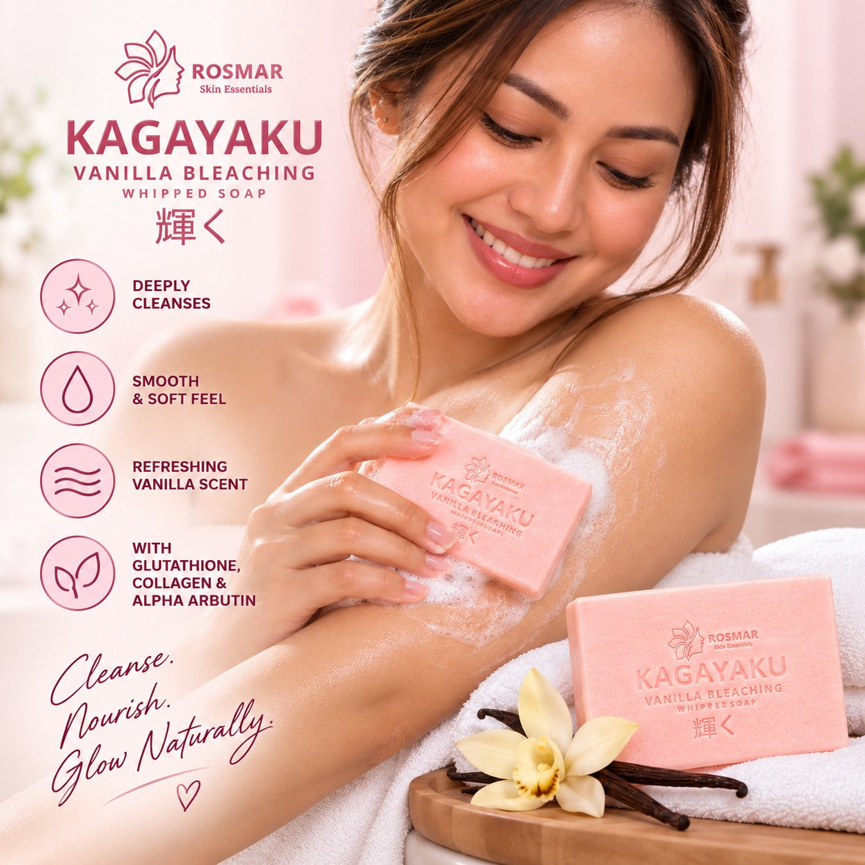 Rosmar Kagayaku Vanilla Whipped Soap 75g with alpha arbutin for simple daily face and body cleansing