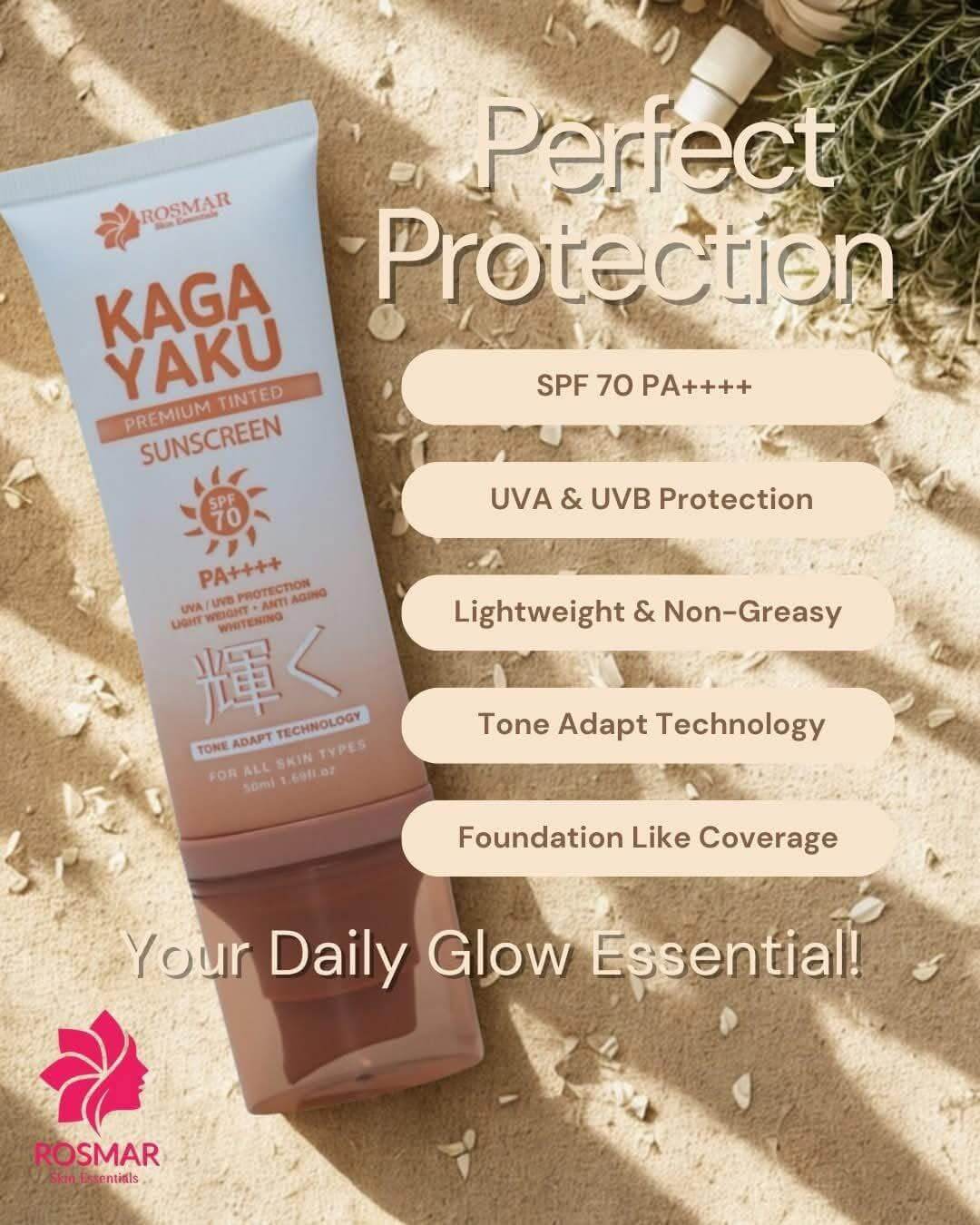 Rosmar Skin Essentials Kagayaku Premium Tinted Sunscreen - SPF 70 PA++++ UVA/UVB provides high SPF coverage