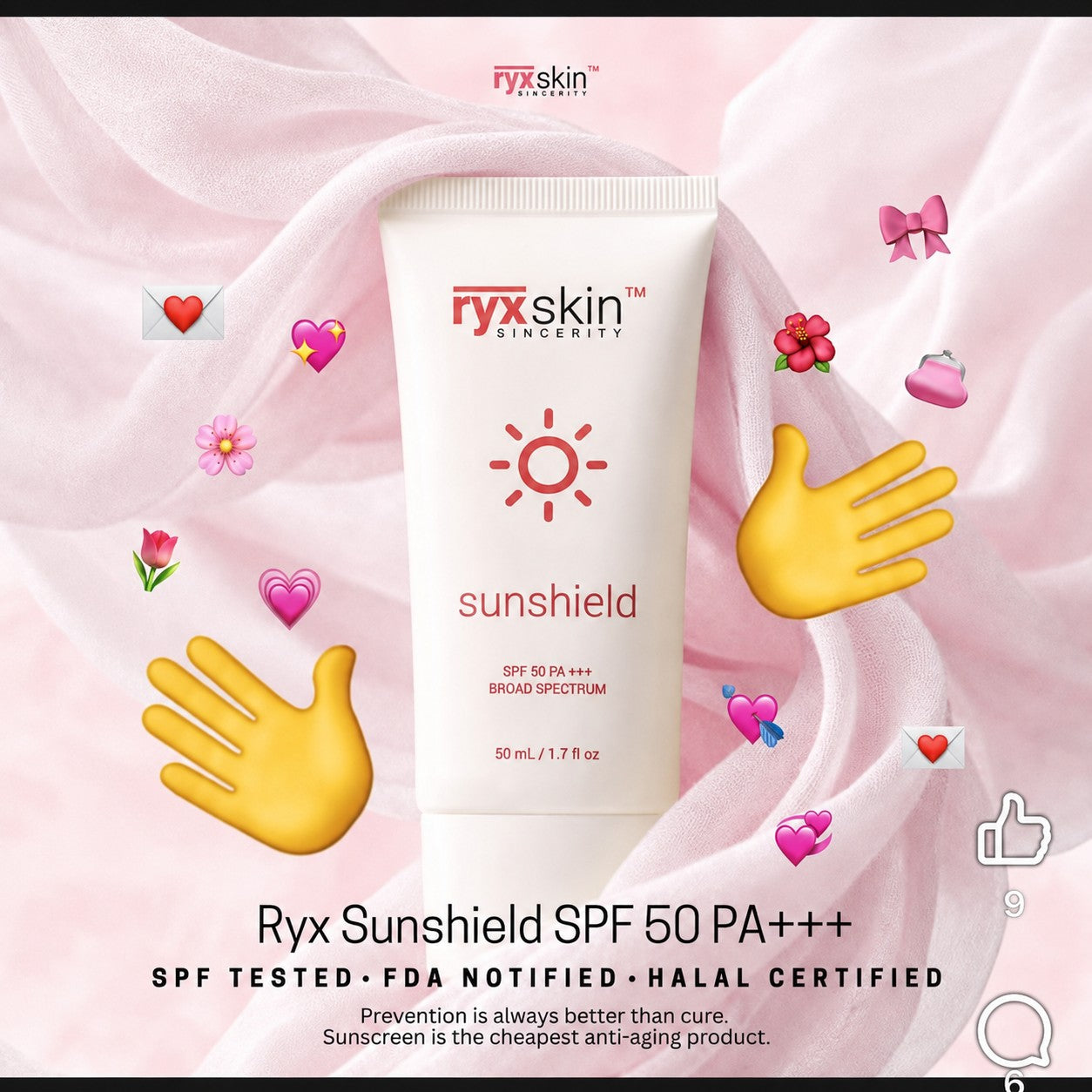 RYX Skin Sincerity Sunshield SPF 50 PA+++ 50ml formulated to provide UVA and UVB protection