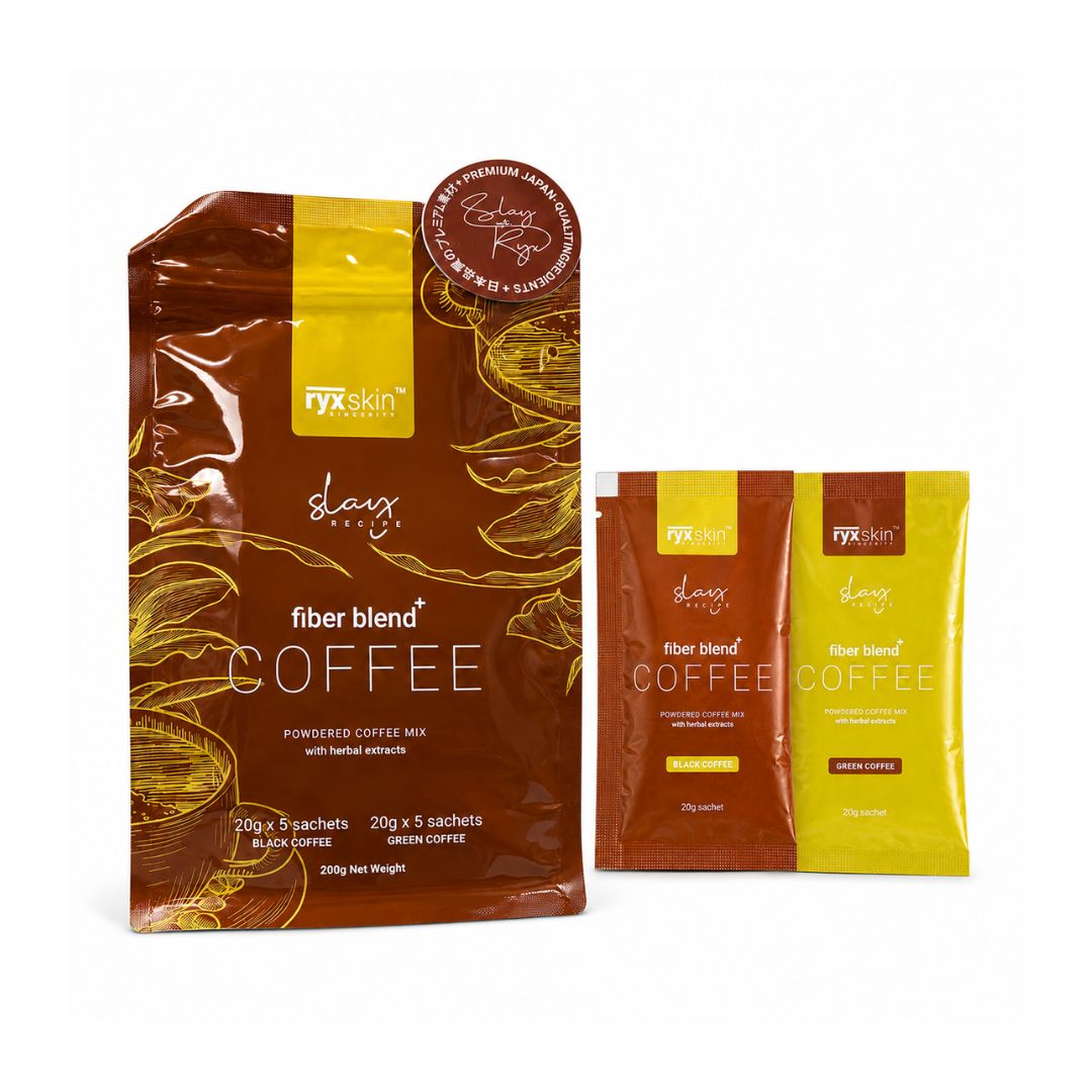 RYX Skin Slay Recipe Fiber Blend+ Coffee Mix 200g featuring dietary fiber for a convenient daily wellness routine.
