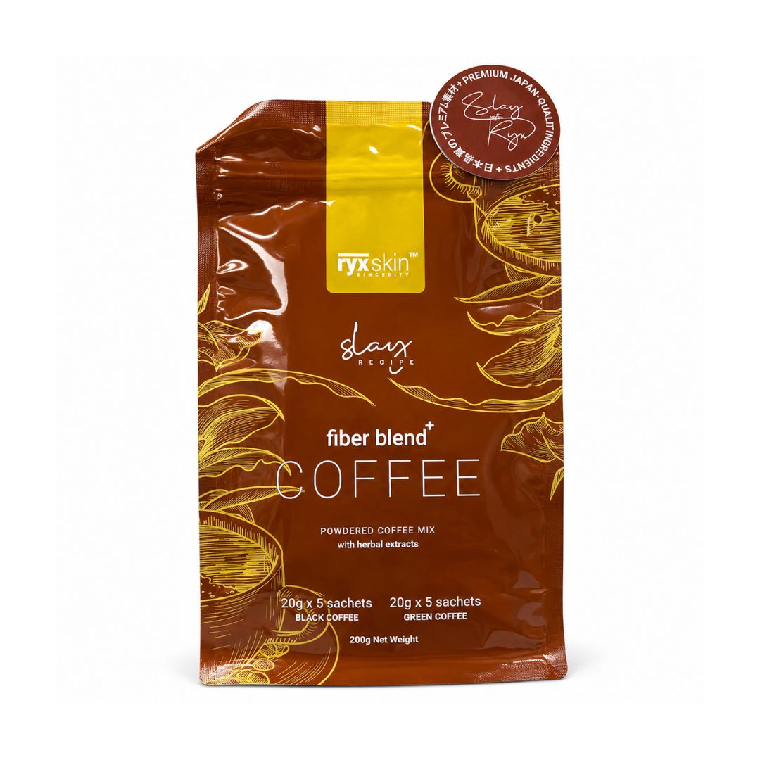 RYX Skin Slay Recipe Fiber Blend+ Coffee Mix 200g with two coffee varieties, herbal extracts, and single-serve convenience.