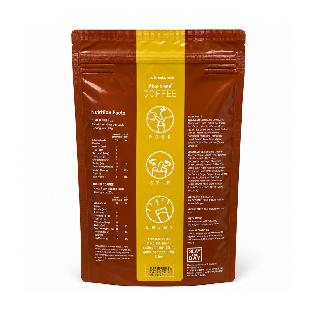 RYX Skin Slay Recipe Fiber Blend+ Coffee Mix 200g Black Coffee 20g sachet with herbal extracts.