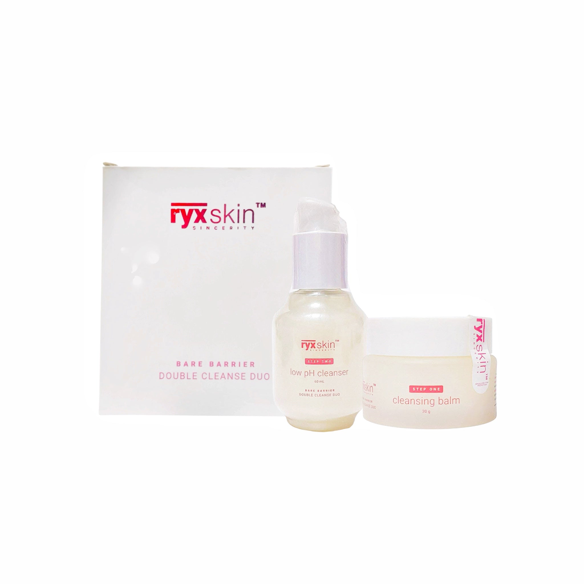 RyxSkin Bare Barrier Double Cleanse Duo gentle cleansing balm and low pH cleanser for smooth, clean skin.