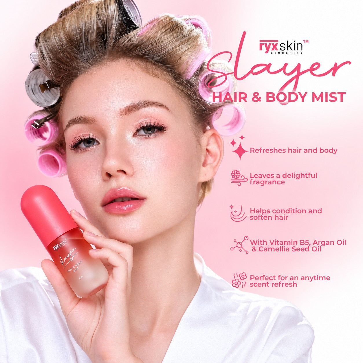 RYXSkin Slayer Hair & Body Mist 60ml featuring a delightful blend of fruity and floral fragrance notes for a feminine scent experience.