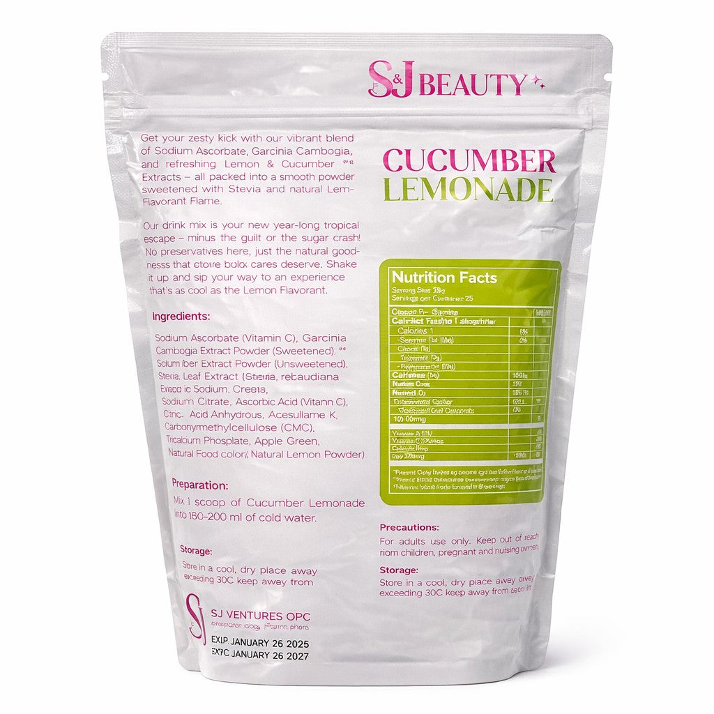 S&J Beauty Cucumber Lemonade Drink Powder with garcinia cambogia and vitamin C for daily refreshment