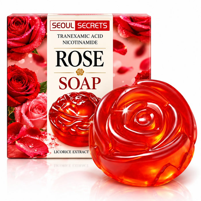 Seoul Secrets Rose Soap gentle daily cleansing bar for face and body with a creamy lather.