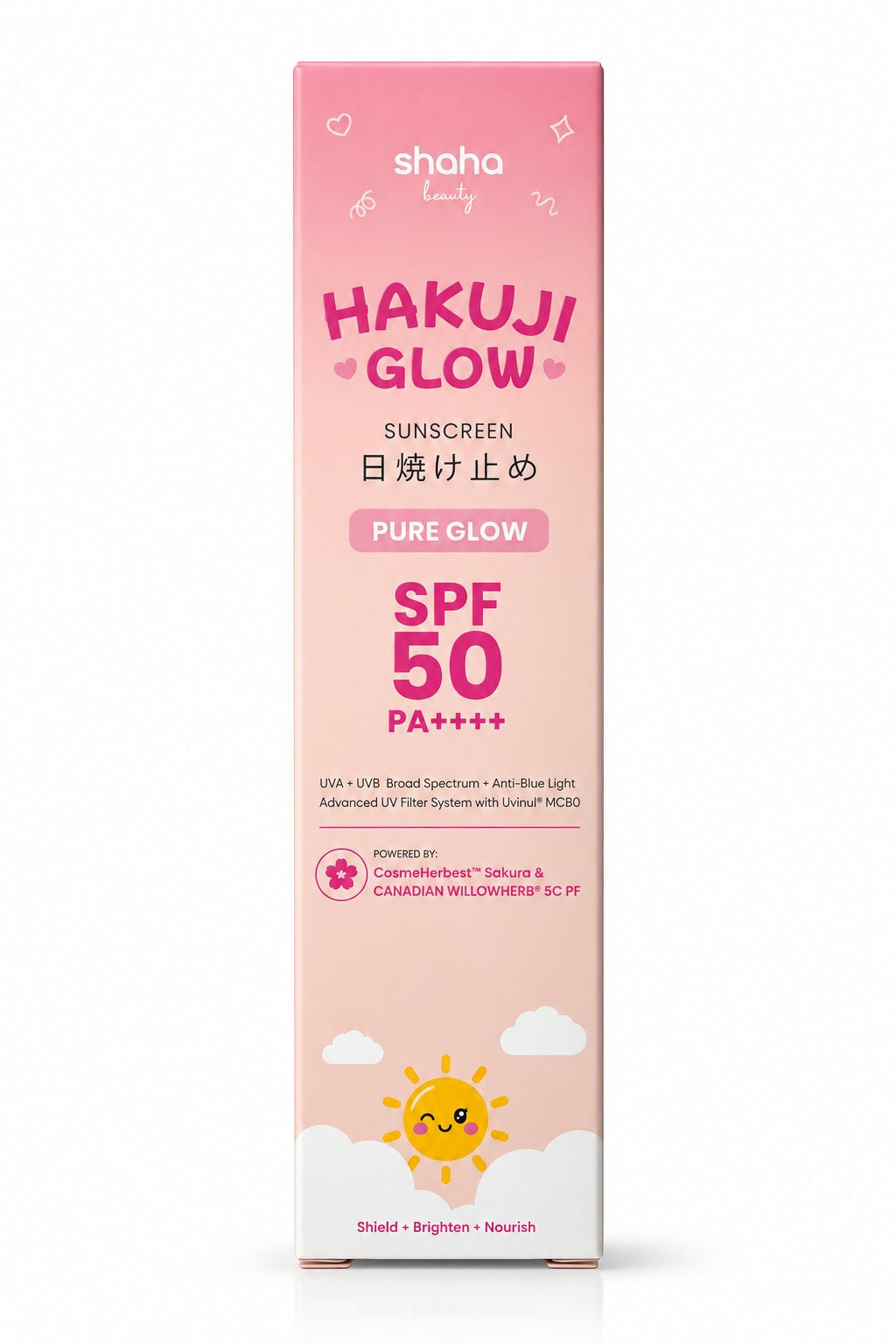 Shaha Beauty Hakuji Glow Pure Glow SPF 50 PA++++ tinted sunscreen 30ml for daily sun care
