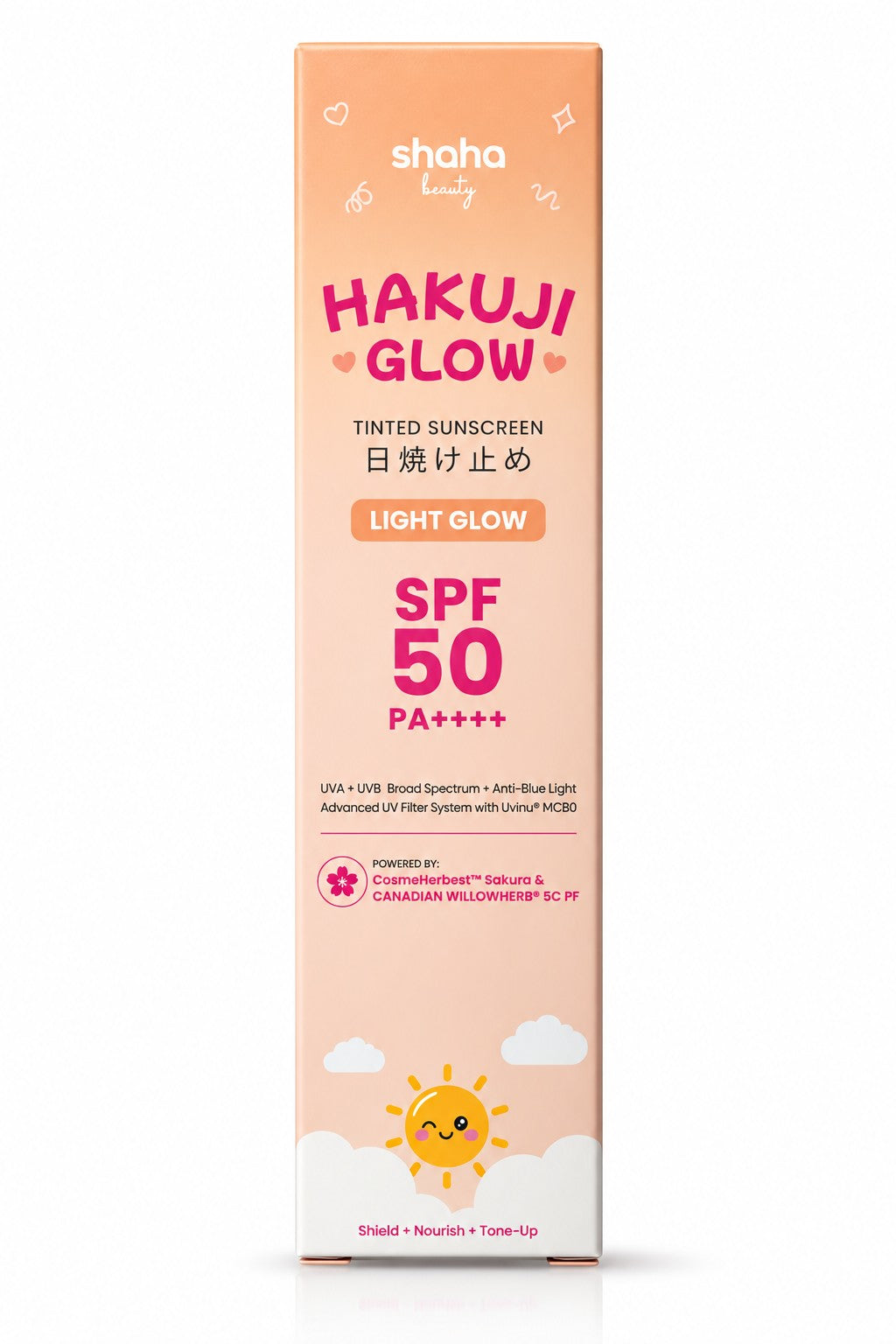 Shaha Beauty Hakuji Glow Light Glow SPF 50 PA++++ tinted sunscreen 30ml for everyday sun care

