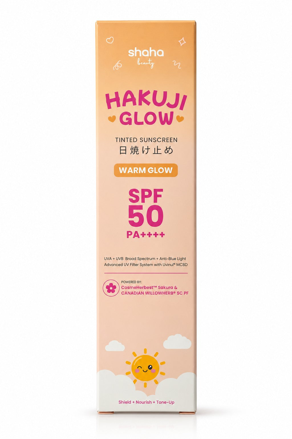 Shaha Beauty Hakuji Glow Warm Glow SPF 50 PA++++ tinted sunscreen 30ml for daily sun care
