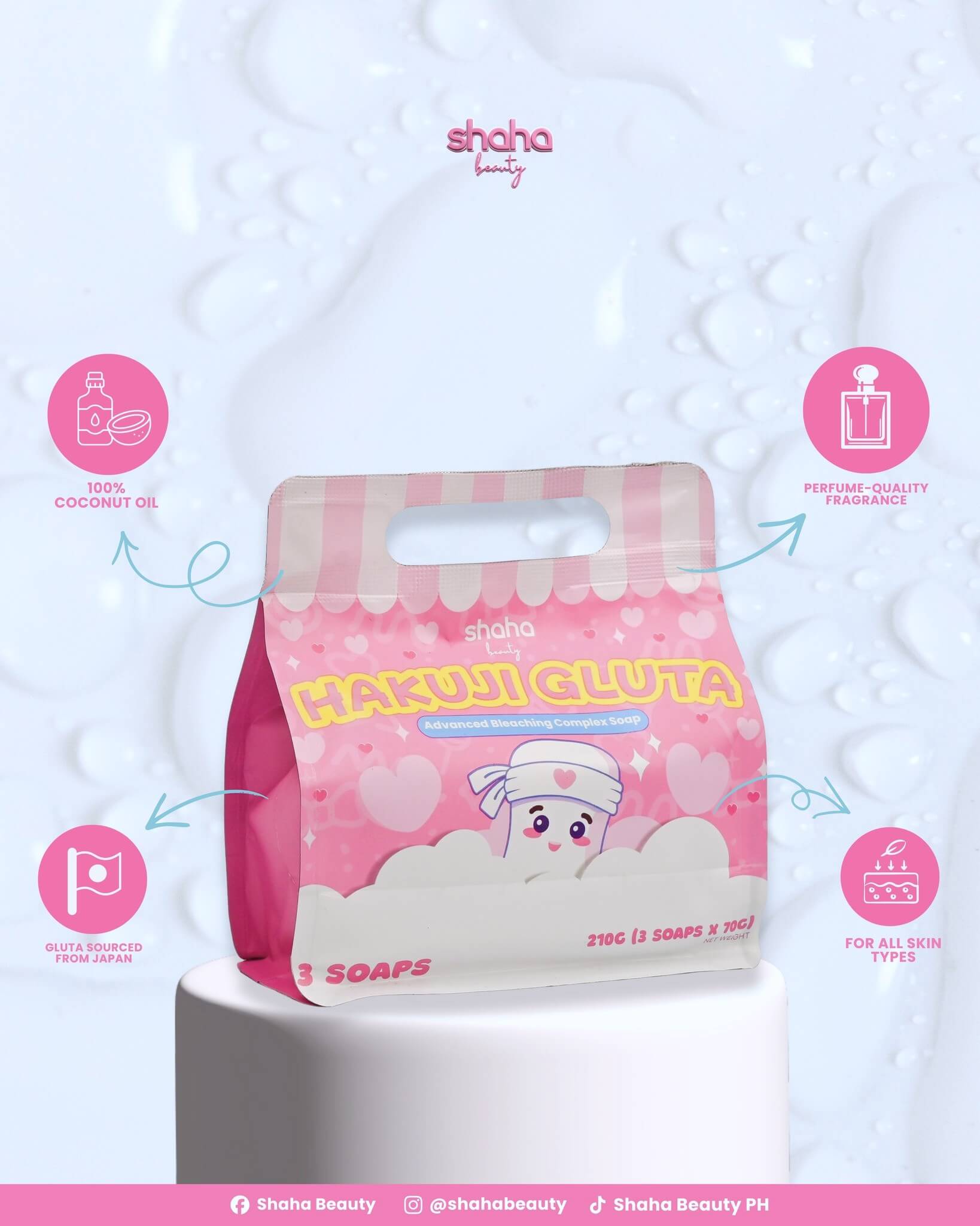 Shaha Beauty Hakuji Gluta Soap supports even looking skin tone and glow