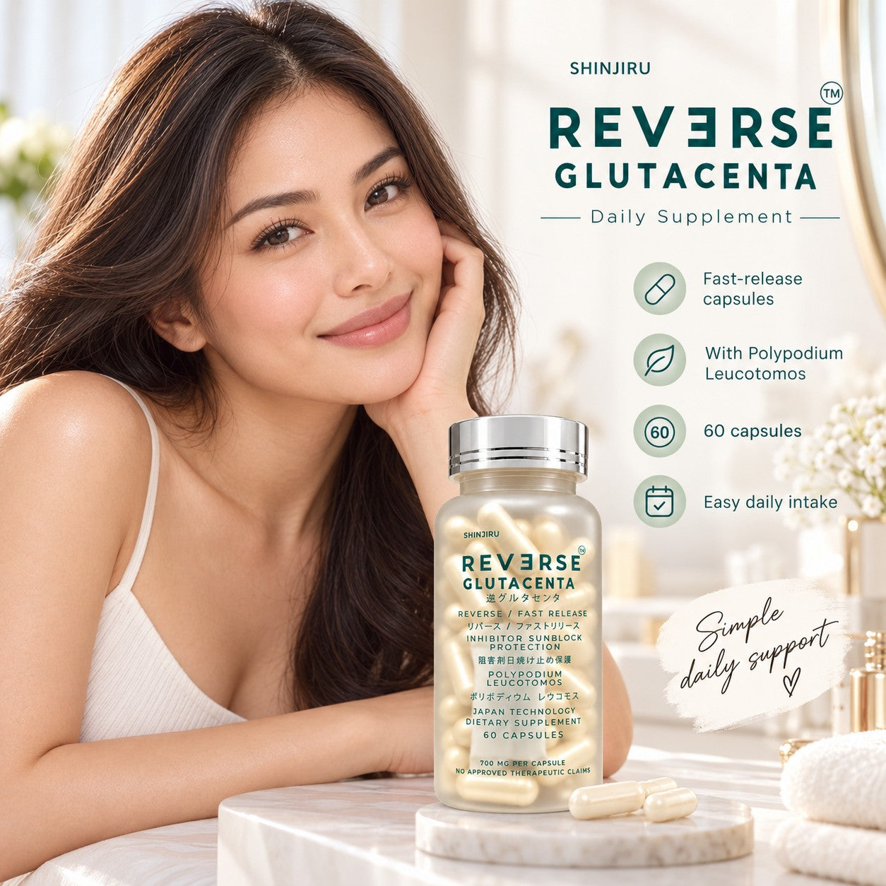 Shinjiru Reverse Glutacenta 700mg 60 Capsules featuring a convenient fast-release capsule format.