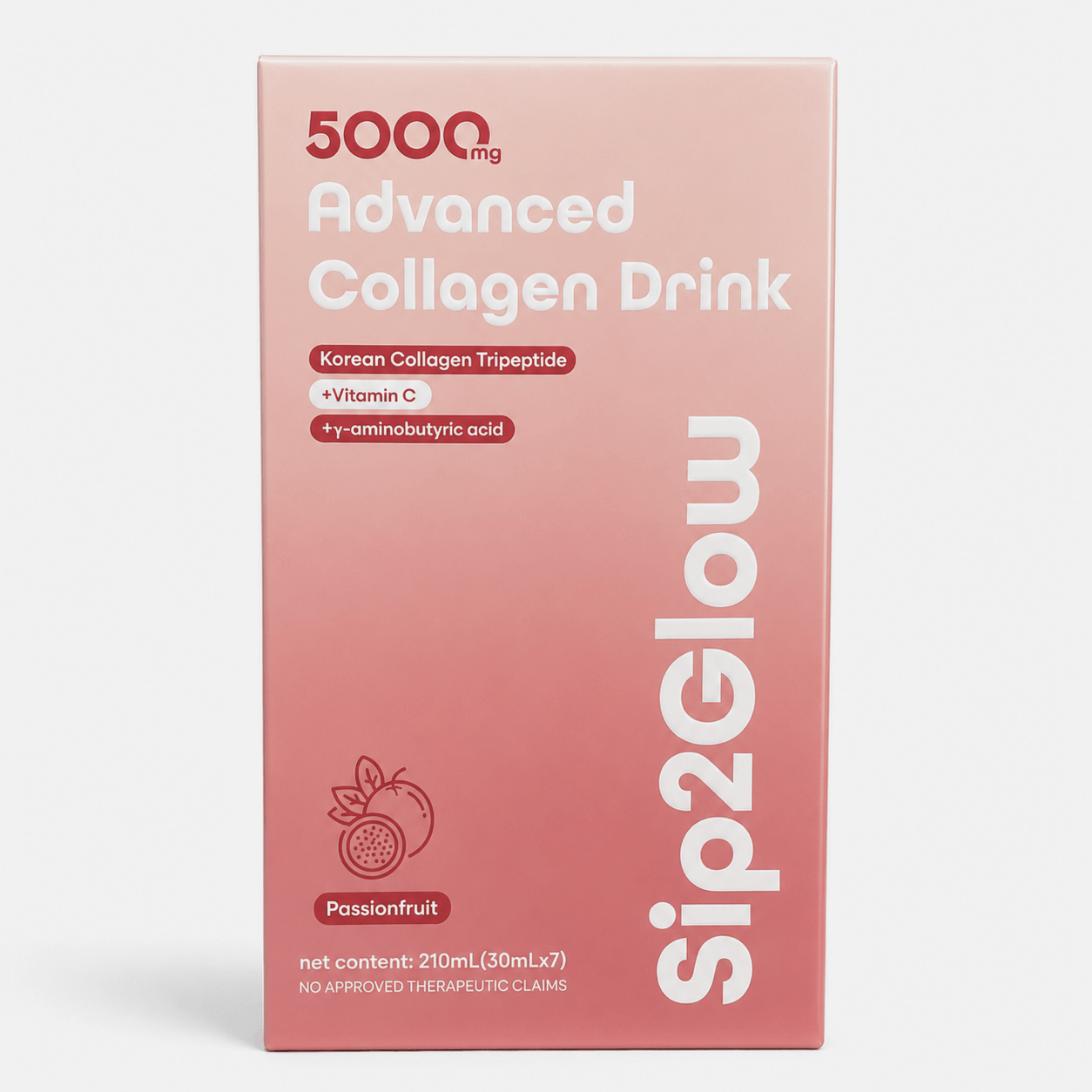 Sip2Glow Advanced Collagen Drink 5000mg with Korean Collagen Tripeptide, Vitamin C and GABA in convenient ready-to-drink sachets.