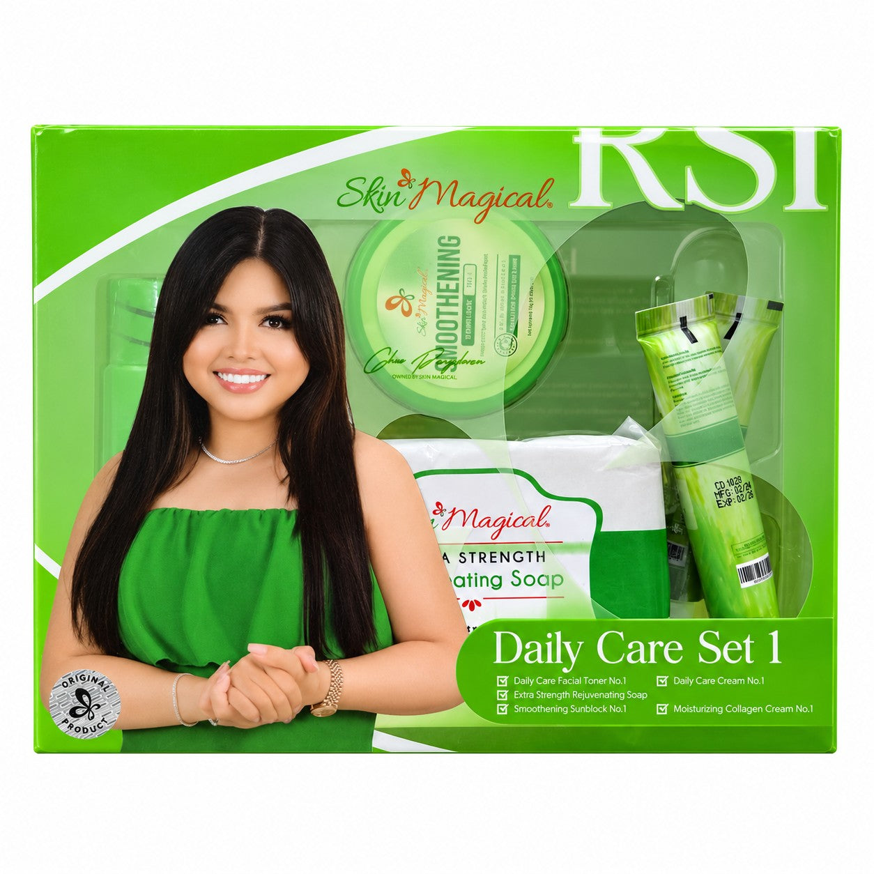 Skin Magical Rejuvenating Set 1 five-piece facial care kit with soap, toner, and creams.